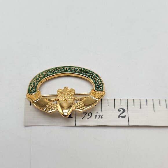 Tara Irish Claddagh Brooch Pin With Green Enamel Gold Tone Design - Picture 5 of 5